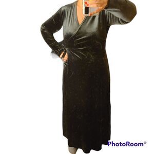 Vintage 90s Jones New York Size Large Emerald Green Rich Velvet Wrap Midi Gown